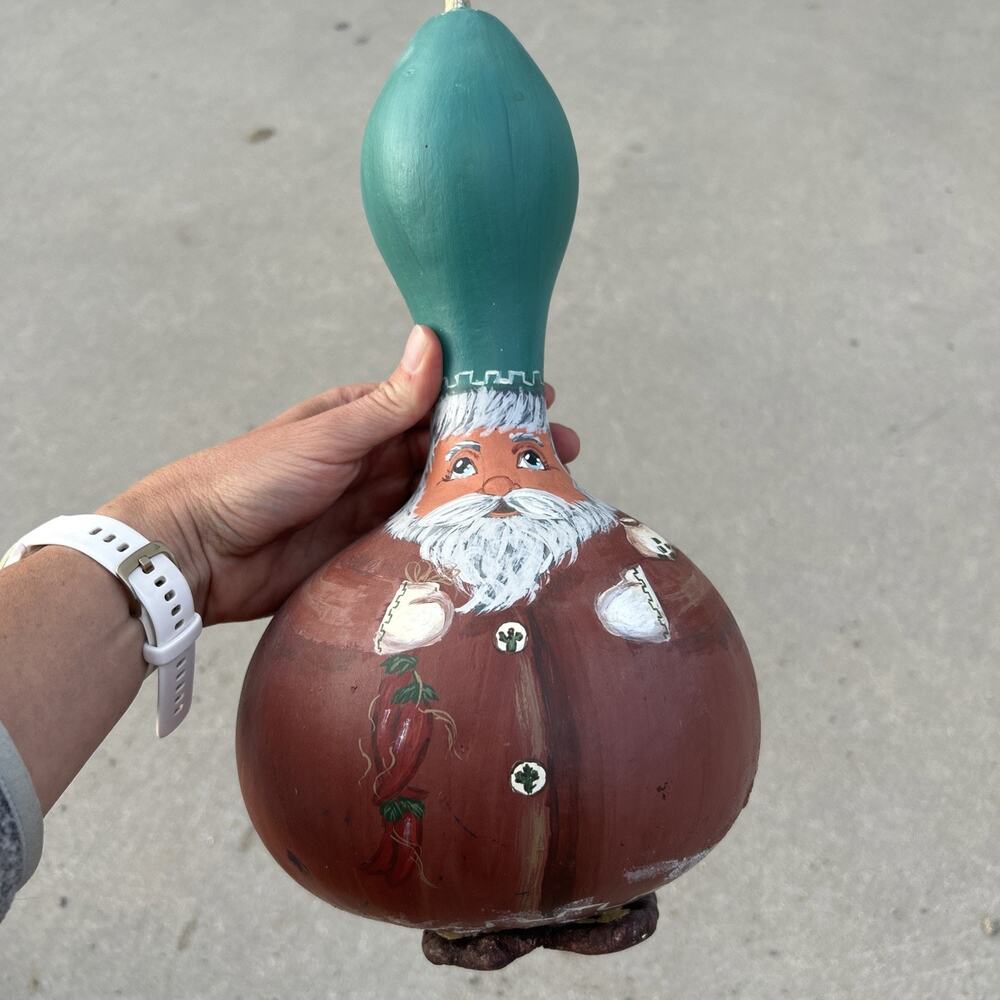 Christmas Santa Gourd Southwest Chili Cactus Hand Painted VTG Folk Art 12”
